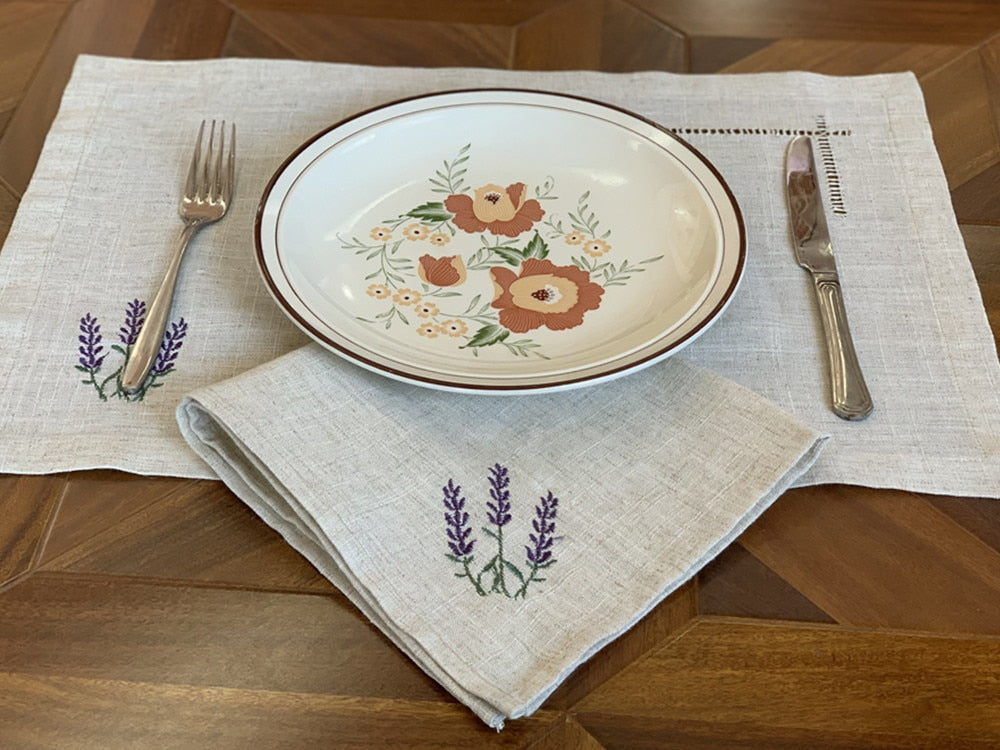 Hemstitch Poly & Linen Napkin/ Placemat With Lavender Detail