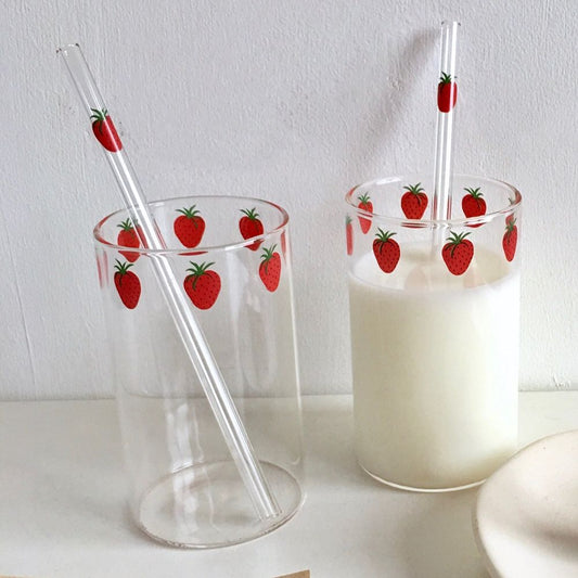 Strawberry Glass Cup With Straw