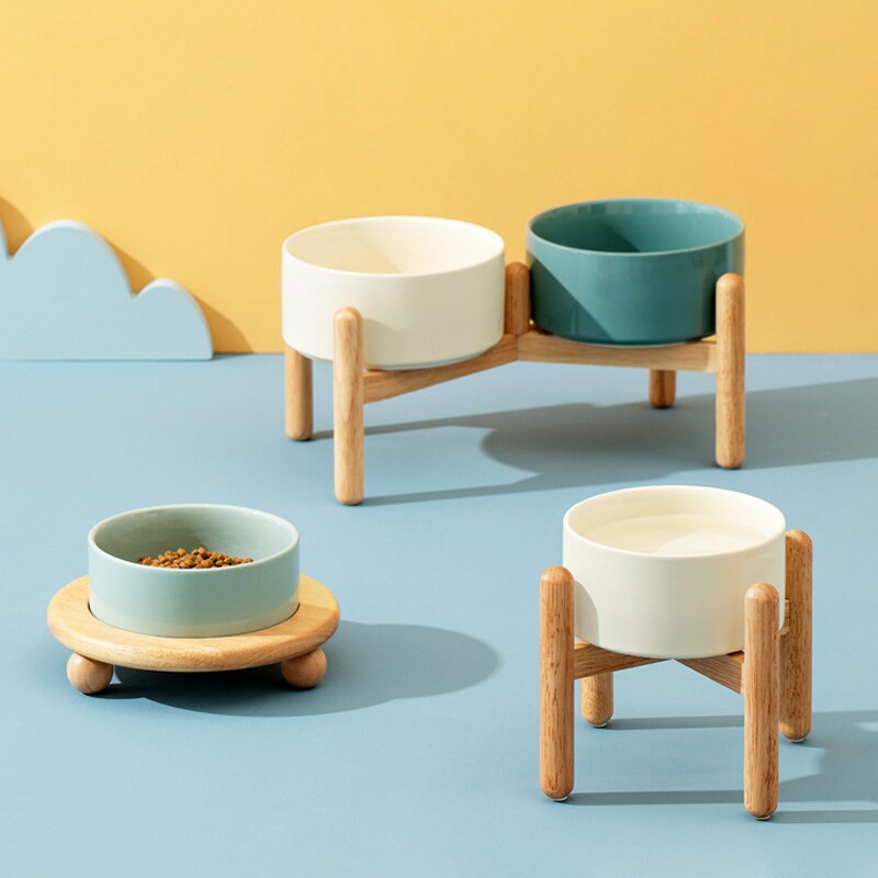 Elevated Ceramic & Wood Dog Bowl