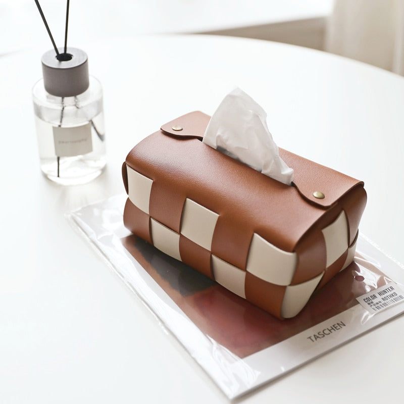 PU Woven Leather Checkerboard Tissue Box Cover