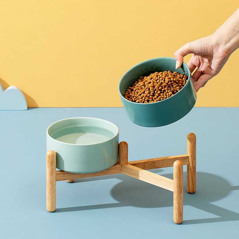 Elevated Ceramic & Wood Dog Bowl