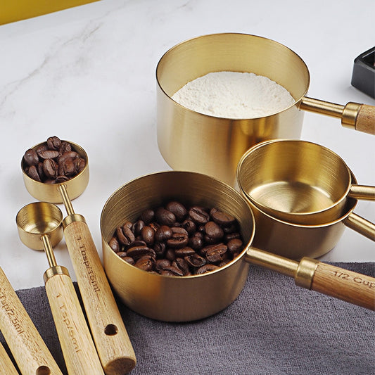 Measuring Spoon Set With Golden Stainless Steel Measuring Cup & Wooden Handle