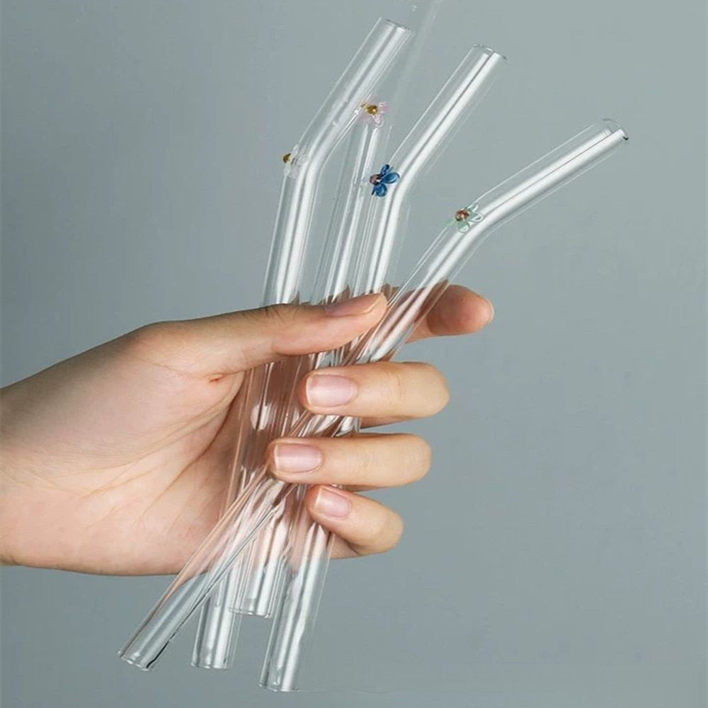 Reusable Clear Glass Straws Set With Small Detail & Cleaning Brush