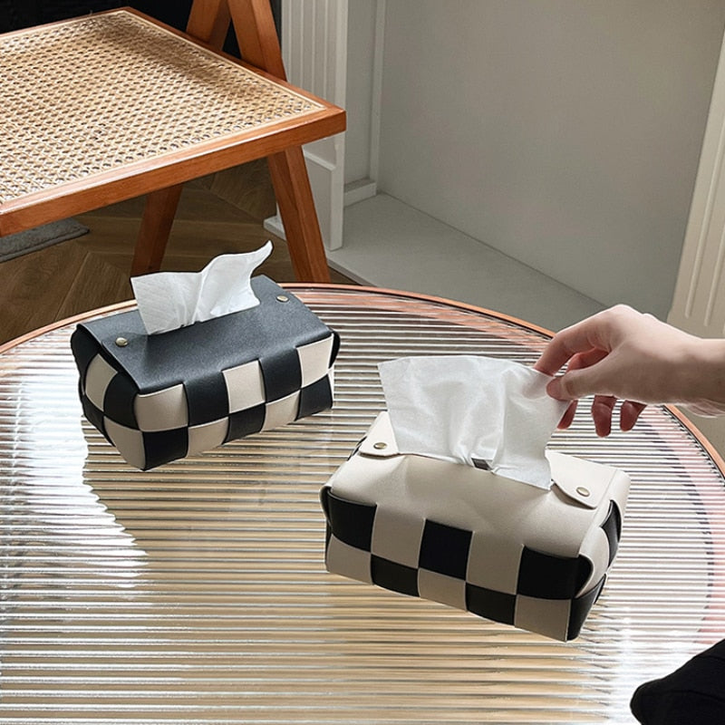 PU Woven Leather Checkerboard Tissue Box Cover